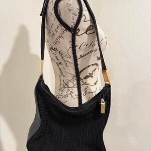 Y2K 90s Mondani black woven leather shoulder bag with gold hardware